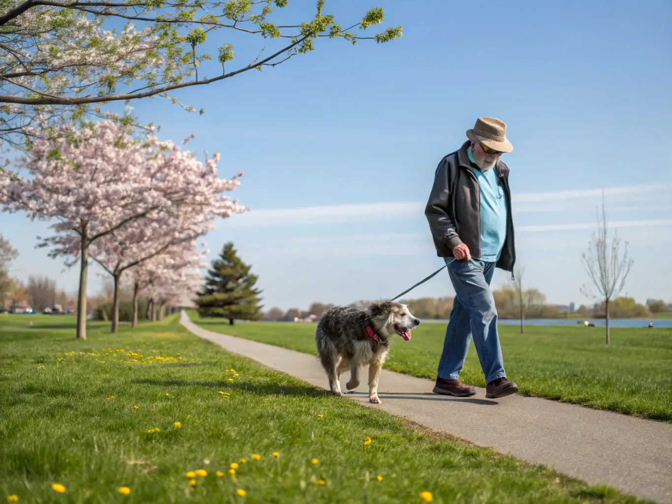 A serene image of a senior dog calmly walking on a leash with a Dog Walk Co walker in a quiet, tree-lined street, emphasizing the calm and structured outings.
