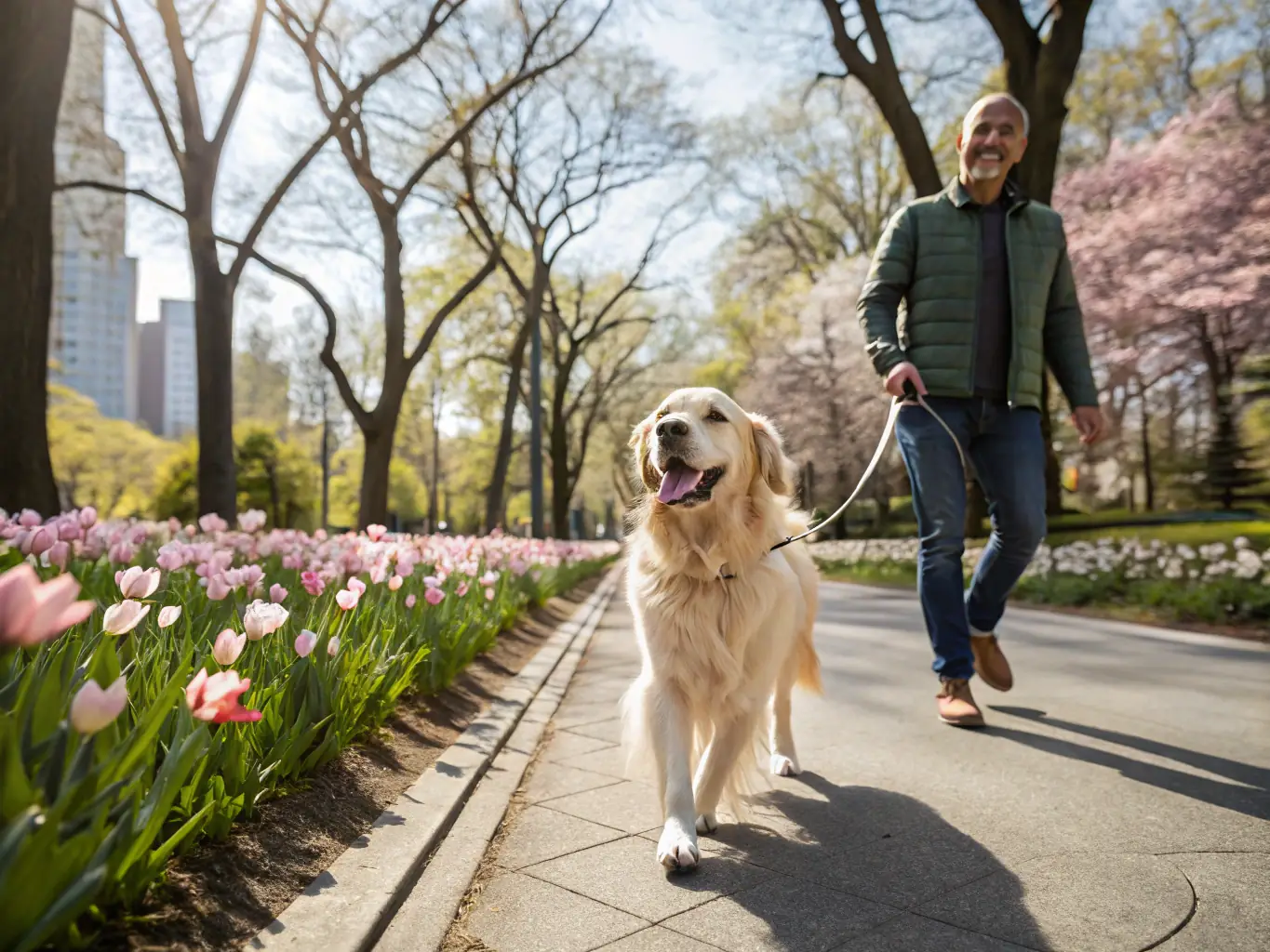 A golden retriever puppy on a leash, happily walking alongside a Dog Walk Co employee in a lush green park, showcasing the personalized care provided.